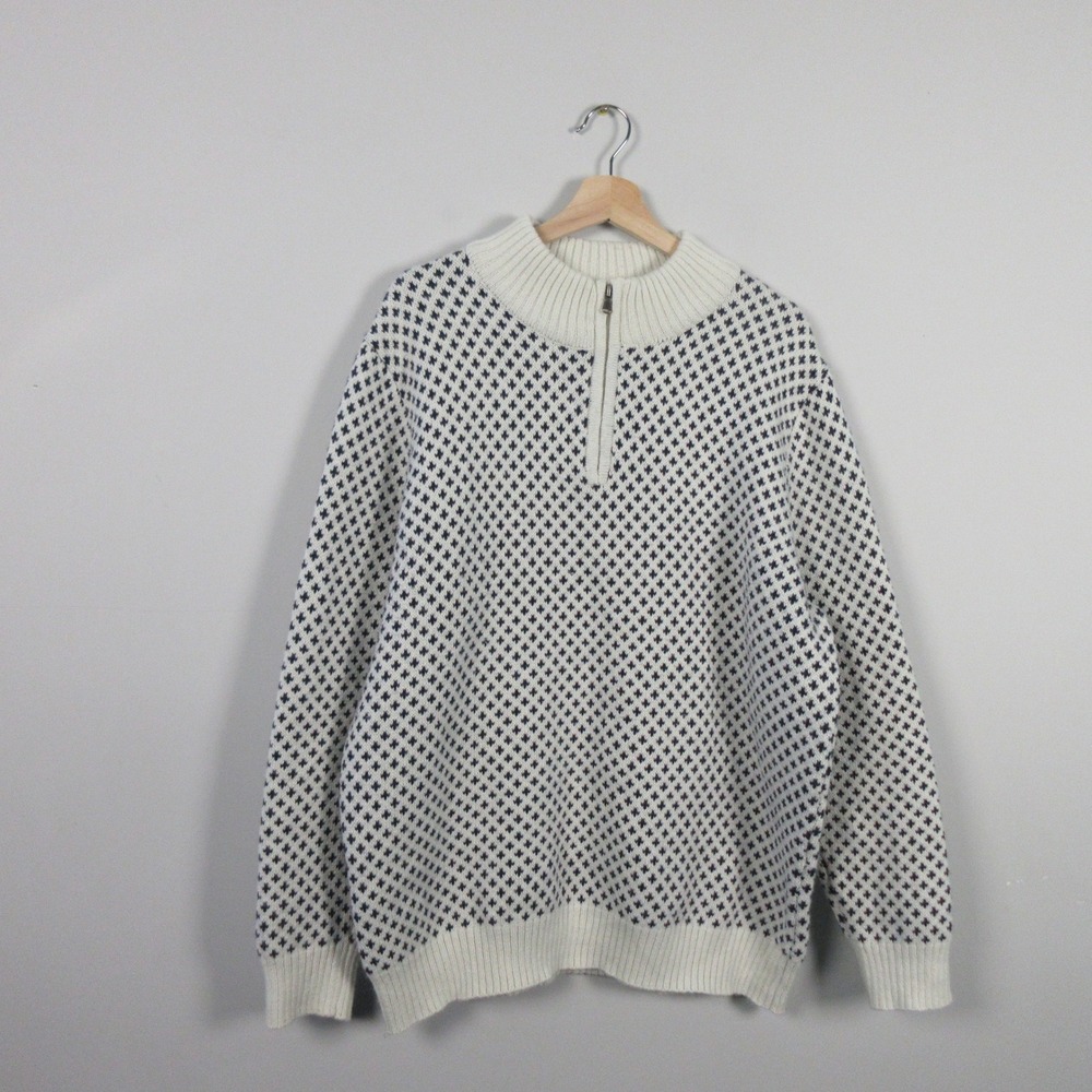 Long Wharf Supply Co Mens XL 1/4 Zip Sweater Fair Isle White Navy Nautical